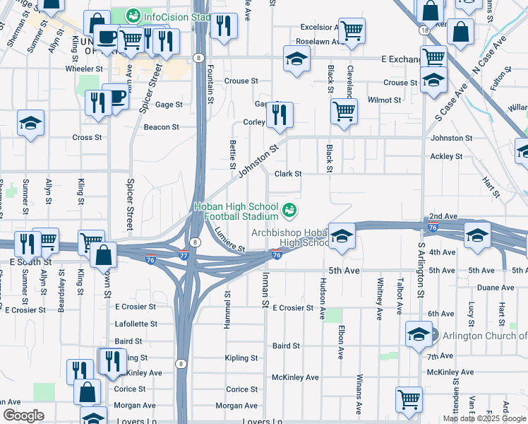 map of restaurants, bars, coffee shops, grocery stores, and more near 511 Gridley Avenue in Akron