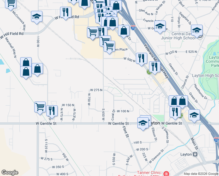 map of restaurants, bars, coffee shops, grocery stores, and more near 270 North 630 West in Layton