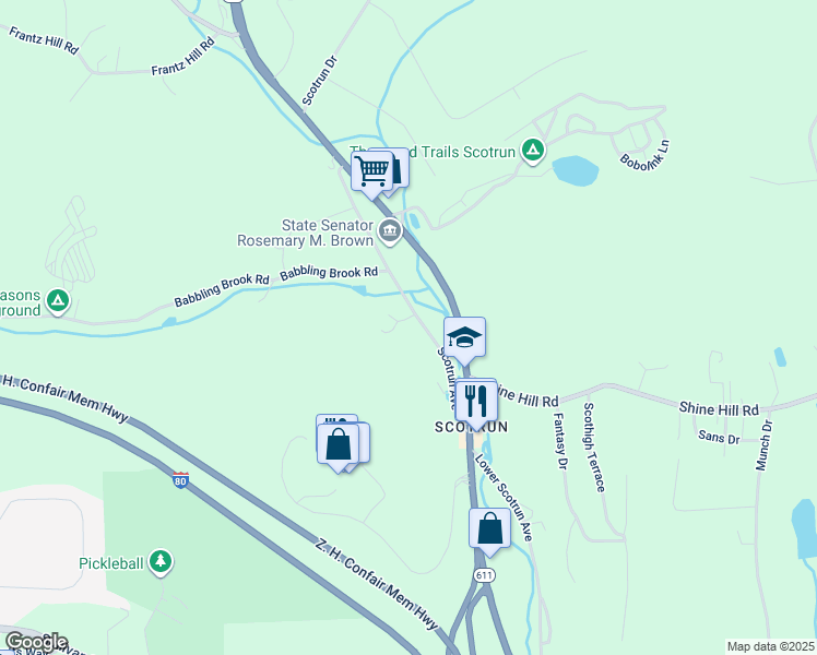 map of restaurants, bars, coffee shops, grocery stores, and more near 355 Scotrun Avenue in Monroe County