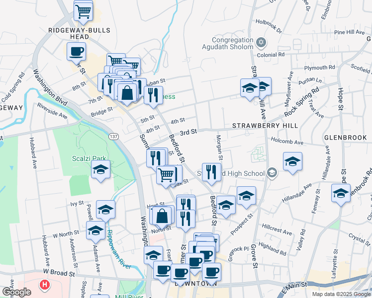 map of restaurants, bars, coffee shops, grocery stores, and more near 1435 Bedford Street in Stamford