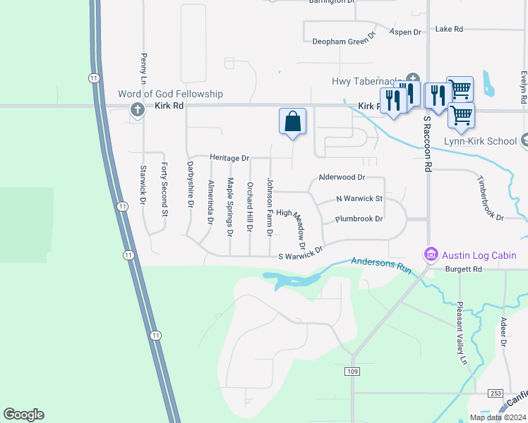 map of restaurants, bars, coffee shops, grocery stores, and more near 3562 Johnson Farm Drive in Canfield