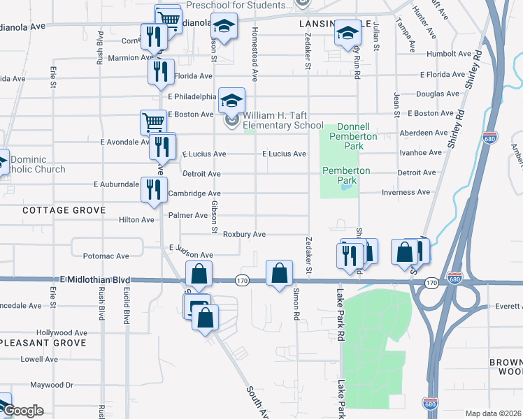 map of restaurants, bars, coffee shops, grocery stores, and more near 806 Palmer Avenue in Youngstown