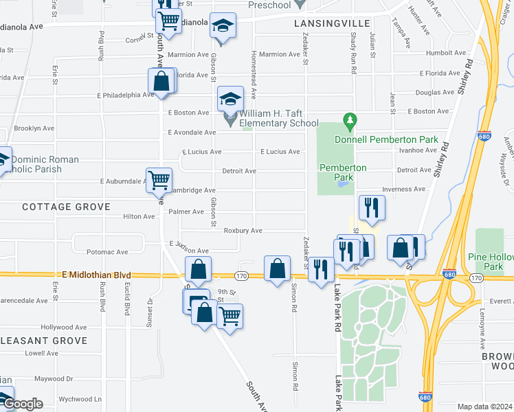 map of restaurants, bars, coffee shops, grocery stores, and more near 802 Palmer Avenue in Youngstown
