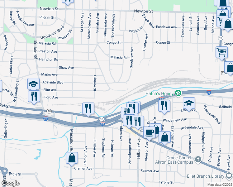map of restaurants, bars, coffee shops, grocery stores, and more near 1944 Preston Avenue in Akron