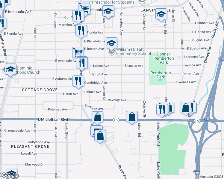 map of restaurants, bars, coffee shops, grocery stores, and more near 736 Palmer Avenue in Youngstown