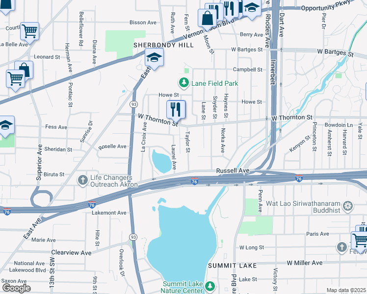 map of restaurants, bars, coffee shops, grocery stores, and more near 1100 Taylor Street in Akron