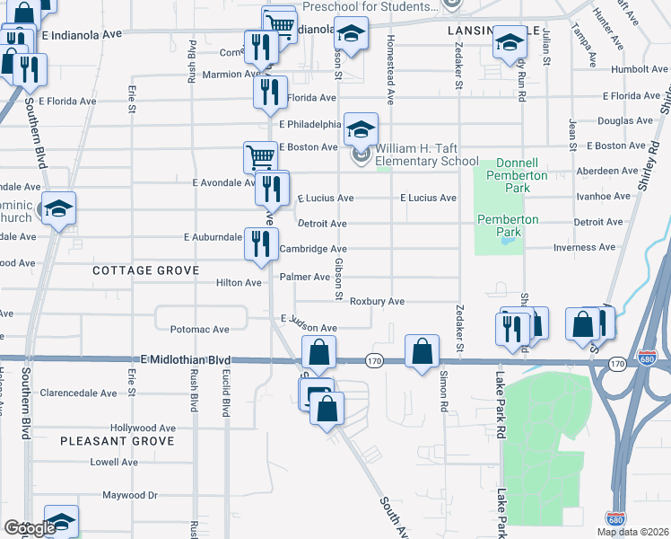 map of restaurants, bars, coffee shops, grocery stores, and more near 580 Palmer Avenue in Youngstown