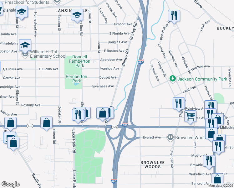 map of restaurants, bars, coffee shops, grocery stores, and more near 3525 Shirley Road in Youngstown