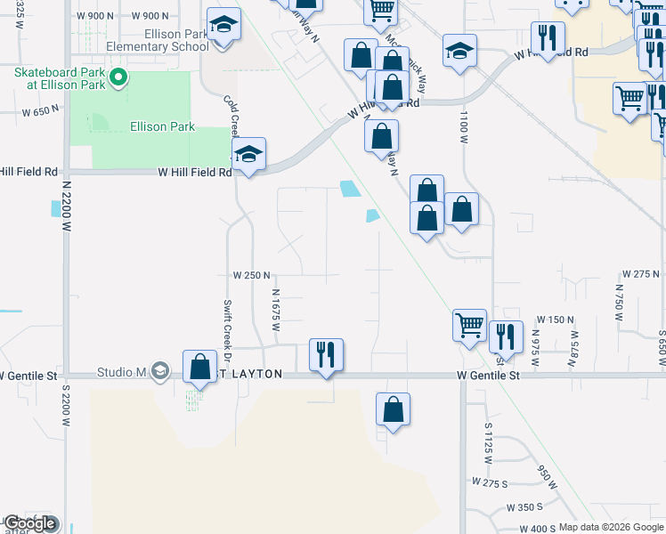 map of restaurants, bars, coffee shops, grocery stores, and more near 1586 West 250 North in Layton