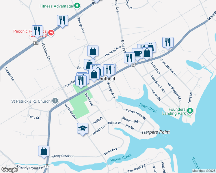 map of restaurants, bars, coffee shops, grocery stores, and more near 475 Youngs Avenue in Southold