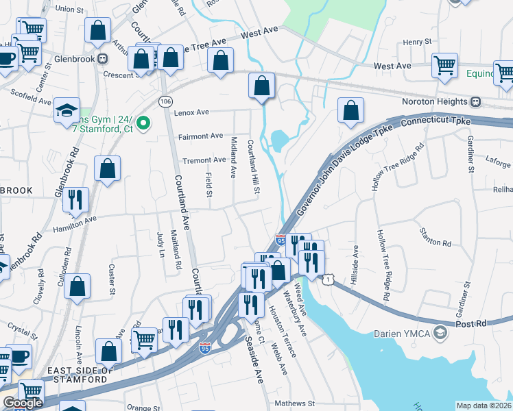 map of restaurants, bars, coffee shops, grocery stores, and more near 20 King Street in Stamford