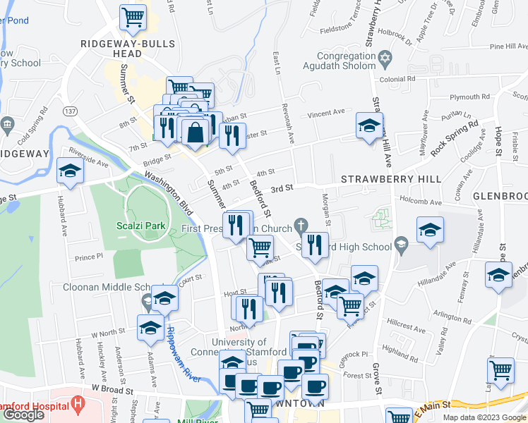 map of restaurants, bars, coffee shops, grocery stores, and more near 1435 Bedford Street in Stamford