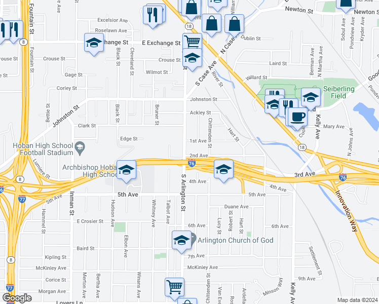 map of restaurants, bars, coffee shops, grocery stores, and more near in Akron