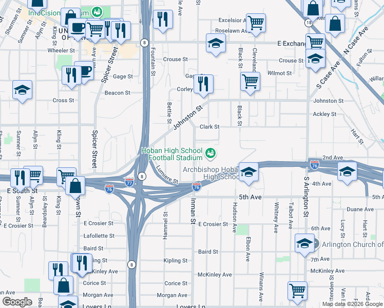 map of restaurants, bars, coffee shops, grocery stores, and more near 511 Gridley Avenue in Akron