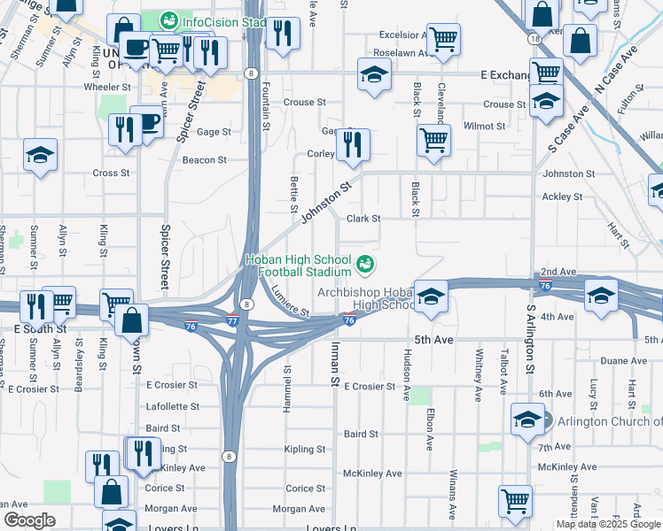 map of restaurants, bars, coffee shops, grocery stores, and more near 511 Gridley Avenue in Akron