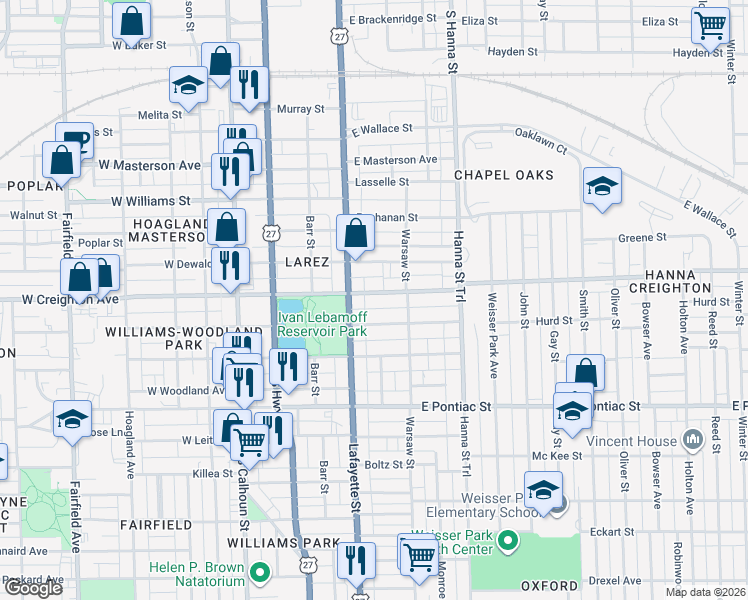 map of restaurants, bars, coffee shops, grocery stores, and more near 422 Creighton Avenue in Fort Wayne