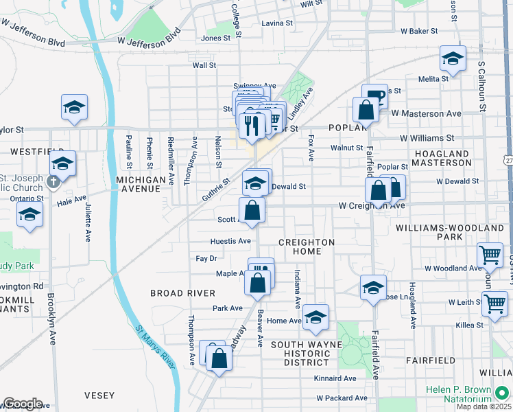 map of restaurants, bars, coffee shops, grocery stores, and more near Broadway in Fort Wayne
