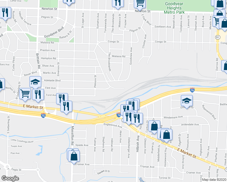 map of restaurants, bars, coffee shops, grocery stores, and more near 1934 Preston Avenue in Akron