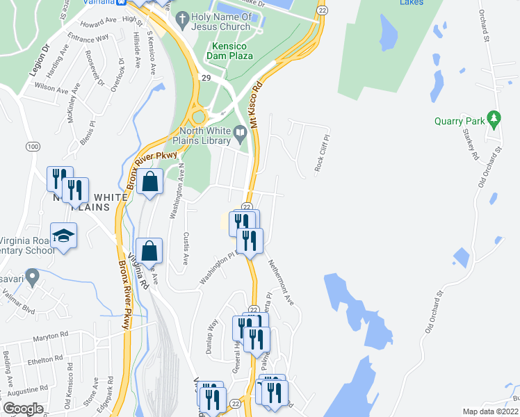 map of restaurants, bars, coffee shops, grocery stores, and more near 22 Kensico Knoll Road in White Plains