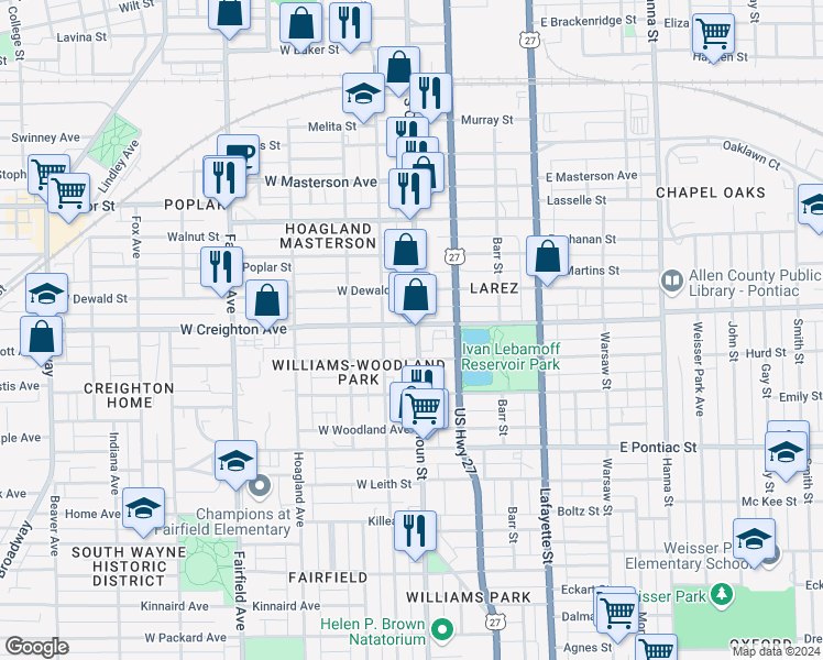 map of restaurants, bars, coffee shops, grocery stores, and more near 2304 South Calhoun Street in Fort Wayne