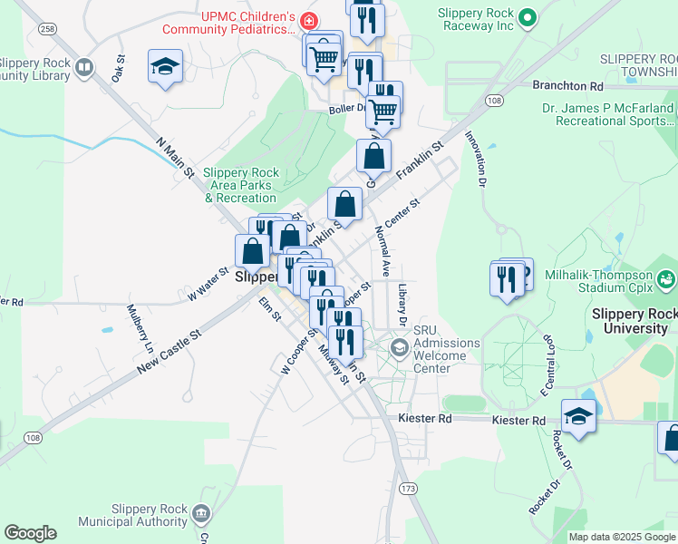 map of restaurants, bars, coffee shops, grocery stores, and more near 224 Center Street in Slippery Rock
