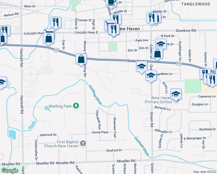 map of restaurants, bars, coffee shops, grocery stores, and more near 2615 Valley Creek Run in New Haven