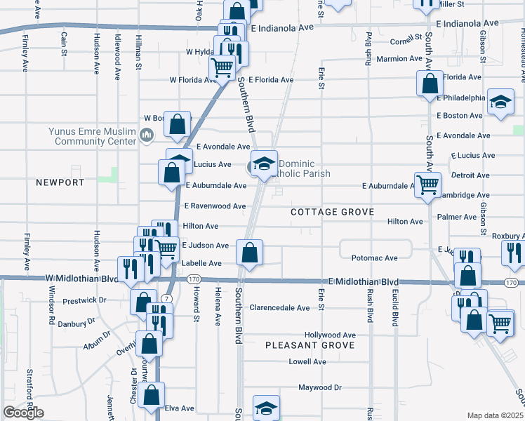 map of restaurants, bars, coffee shops, grocery stores, and more near 3503 Southern Boulevard in Youngstown