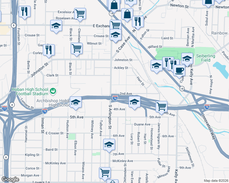 map of restaurants, bars, coffee shops, grocery stores, and more near 1105 2nd Avenue in Akron