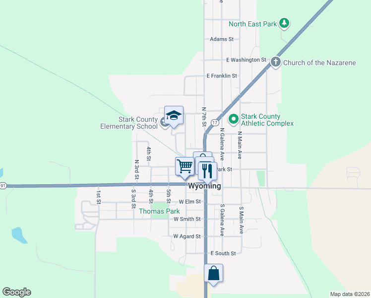 map of restaurants, bars, coffee shops, grocery stores, and more near 224 North 6th Street in Wyoming