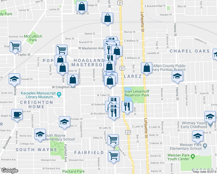 map of restaurants, bars, coffee shops, grocery stores, and more near 115 West Creighton Avenue in Fort Wayne