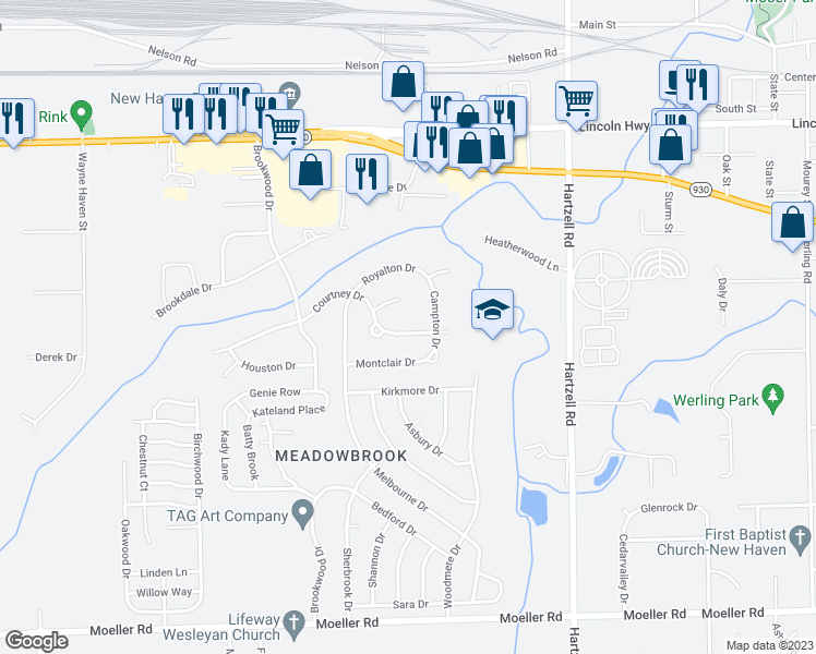map of restaurants, bars, coffee shops, grocery stores, and more near 540 Courtney Drive in New Haven