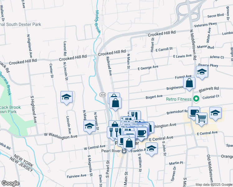 map of restaurants, bars, coffee shops, grocery stores, and more near 150 Railroad Avenue in Pearl River