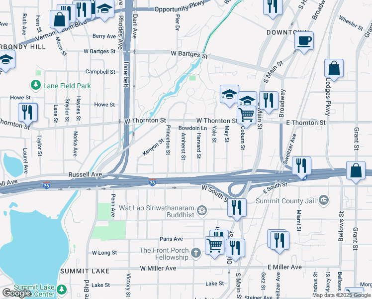 map of restaurants, bars, coffee shops, grocery stores, and more near 823 Amherst Street in Akron