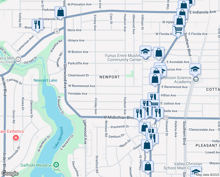 map of restaurants, bars, coffee shops, grocery stores, and more near 447 West Ravenwood Avenue in Youngstown