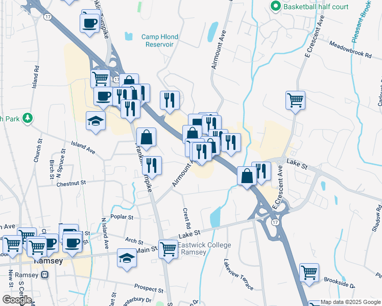 map of restaurants, bars, coffee shops, grocery stores, and more near 905 New Jersey 17 in Ramsey