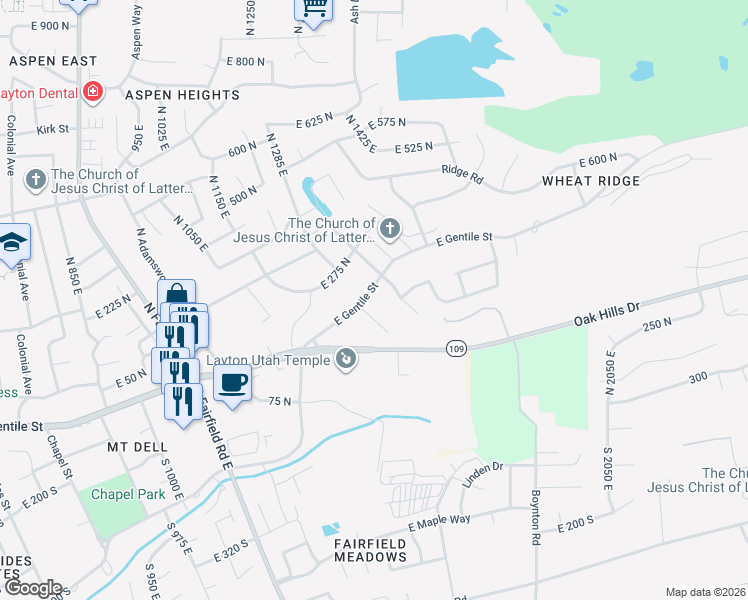map of restaurants, bars, coffee shops, grocery stores, and more near 1540 East Gentile Street in Layton