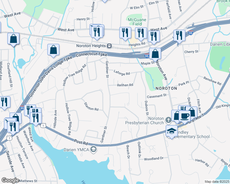 map of restaurants, bars, coffee shops, grocery stores, and more near 8 Pleasant Street in Darien
