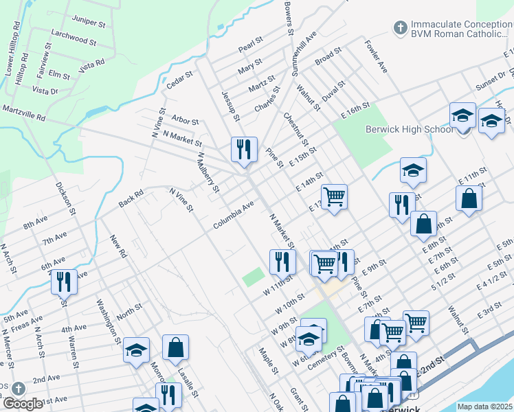 map of restaurants, bars, coffee shops, grocery stores, and more near 1401 North Market Street in Berwick