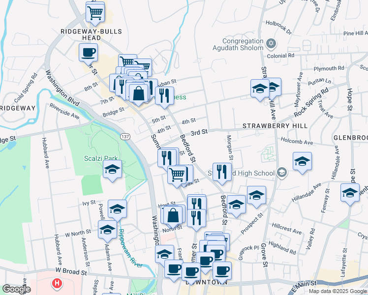 map of restaurants, bars, coffee shops, grocery stores, and more near 1435 Bedford Street in Stamford
