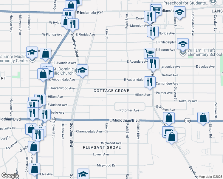 map of restaurants, bars, coffee shops, grocery stores, and more near 218 Hilton Avenue in Youngstown