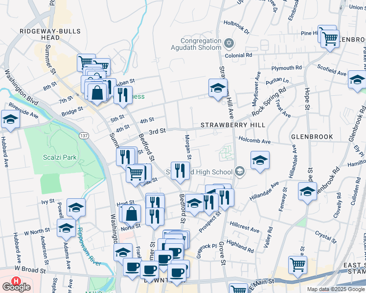 map of restaurants, bars, coffee shops, grocery stores, and more near 95 Morgan Street in Stamford