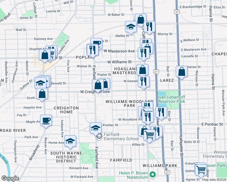map of restaurants, bars, coffee shops, grocery stores, and more near 343 West Creighton Avenue in Fort Wayne