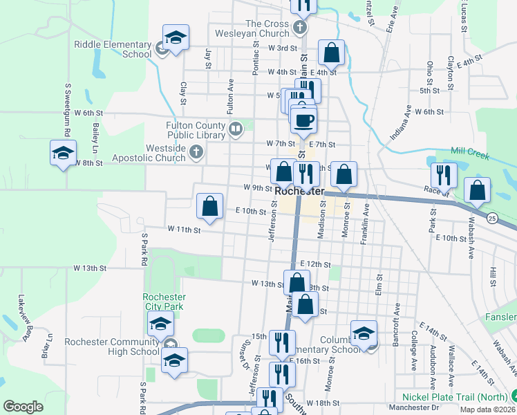 map of restaurants, bars, coffee shops, grocery stores, and more near 218 West 10th Street in Rochester