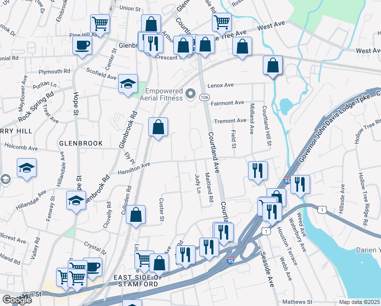 map of restaurants, bars, coffee shops, grocery stores, and more near 166 Hamilton Avenue in Stamford