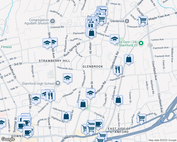 map of restaurants, bars, coffee shops, grocery stores, and more near 100 Hope Street in Stamford