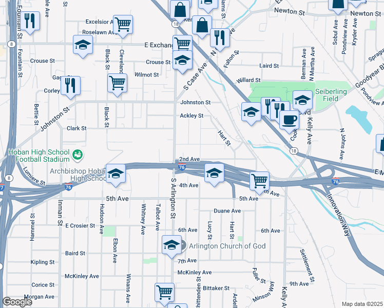map of restaurants, bars, coffee shops, grocery stores, and more near 1133 2nd Avenue in Akron