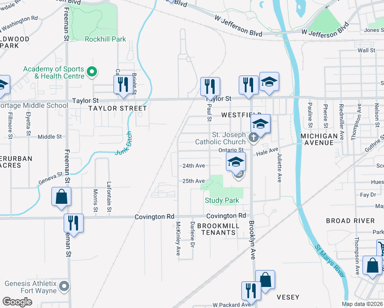 map of restaurants, bars, coffee shops, grocery stores, and more near 2229 Ontario Street in Fort Wayne