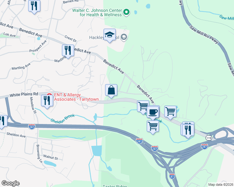 map of restaurants, bars, coffee shops, grocery stores, and more near 38 Old White Plains Road in Tarrytown