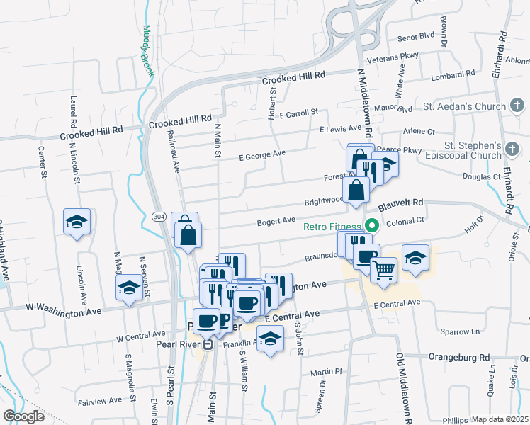 map of restaurants, bars, coffee shops, grocery stores, and more near 62 Brightwood Avenue in Pearl River