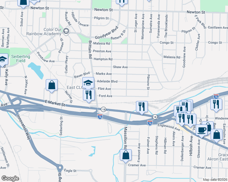 map of restaurants, bars, coffee shops, grocery stores, and more near 1757 Ford Avenue in Akron